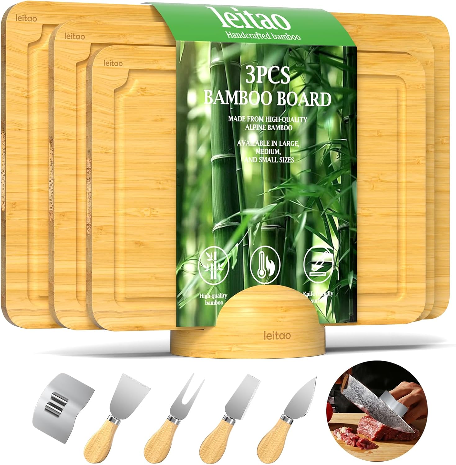 Bamboo Cutting Boards For Kitchen, Chopping Boards Set with Juice Groove, Charcuterie & Chopping Board, Wood Cutting Board Set, Kitchen Gadgets (3PCS)