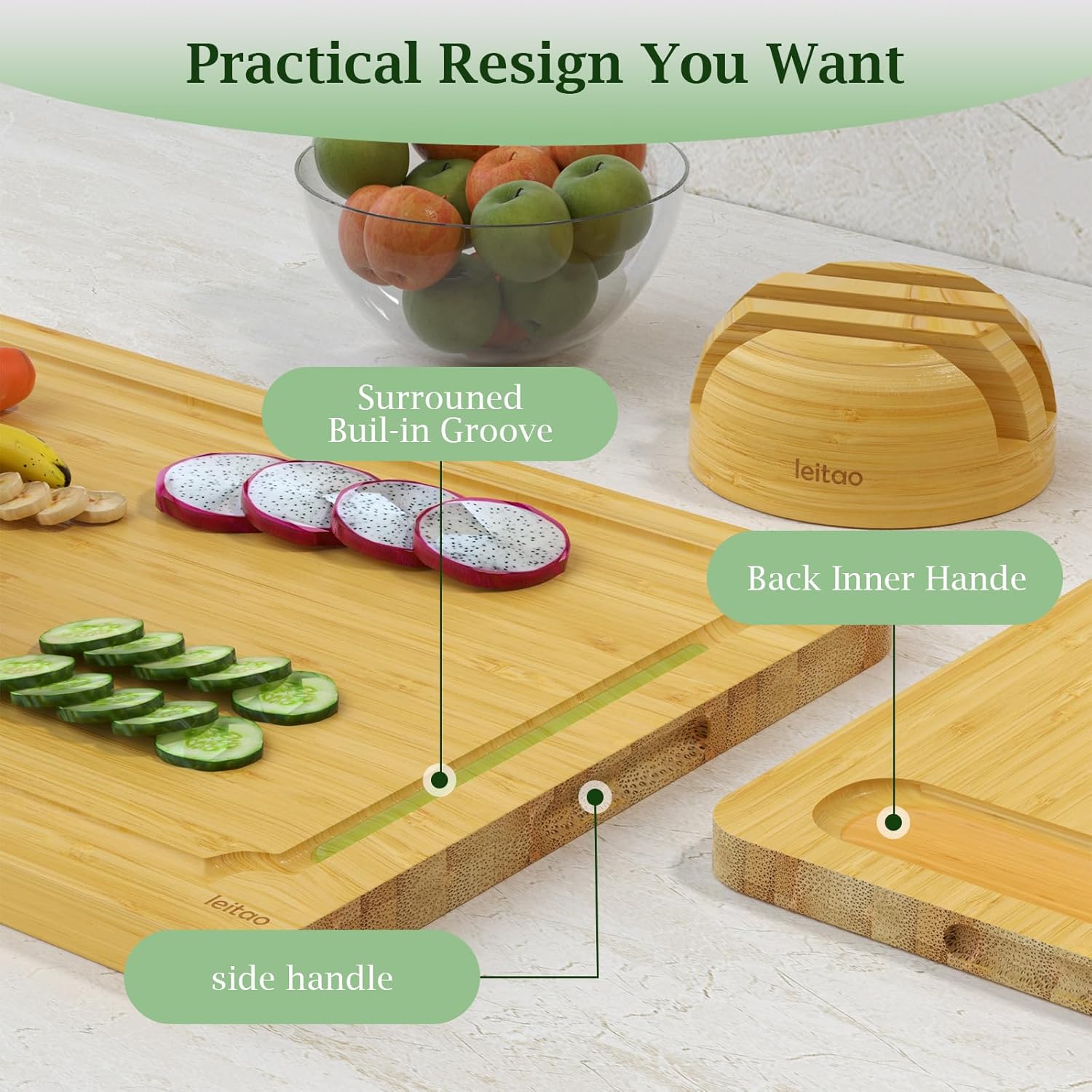 Bamboo Cutting Boards For Kitchen, Chopping Boards Set with Juice Groove, Charcuterie & Chopping Board, Wood Cutting Board Set, Kitchen Gadgets (3PCS) - Image 7