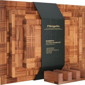 Bamboo Cutting Boards for Kitchen,Chopping Boards Set with Juice Groove,End Grain Bamboo Butcher Block,Serving Board with Holder(3 Pcs)