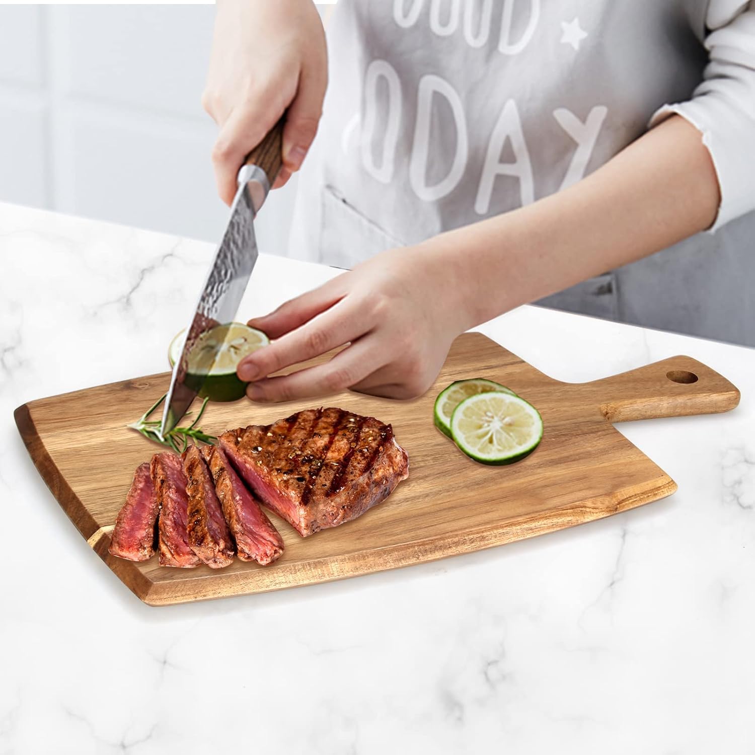 Best Acacia Wood Cutting Board with Handle Wooden Charcuterie Board Kitchen Chopping Boards for Bread Meat Cutting boards Fruit Cheese Serving Board Butcher Block Carving Board, 17" x 10" - Image 2