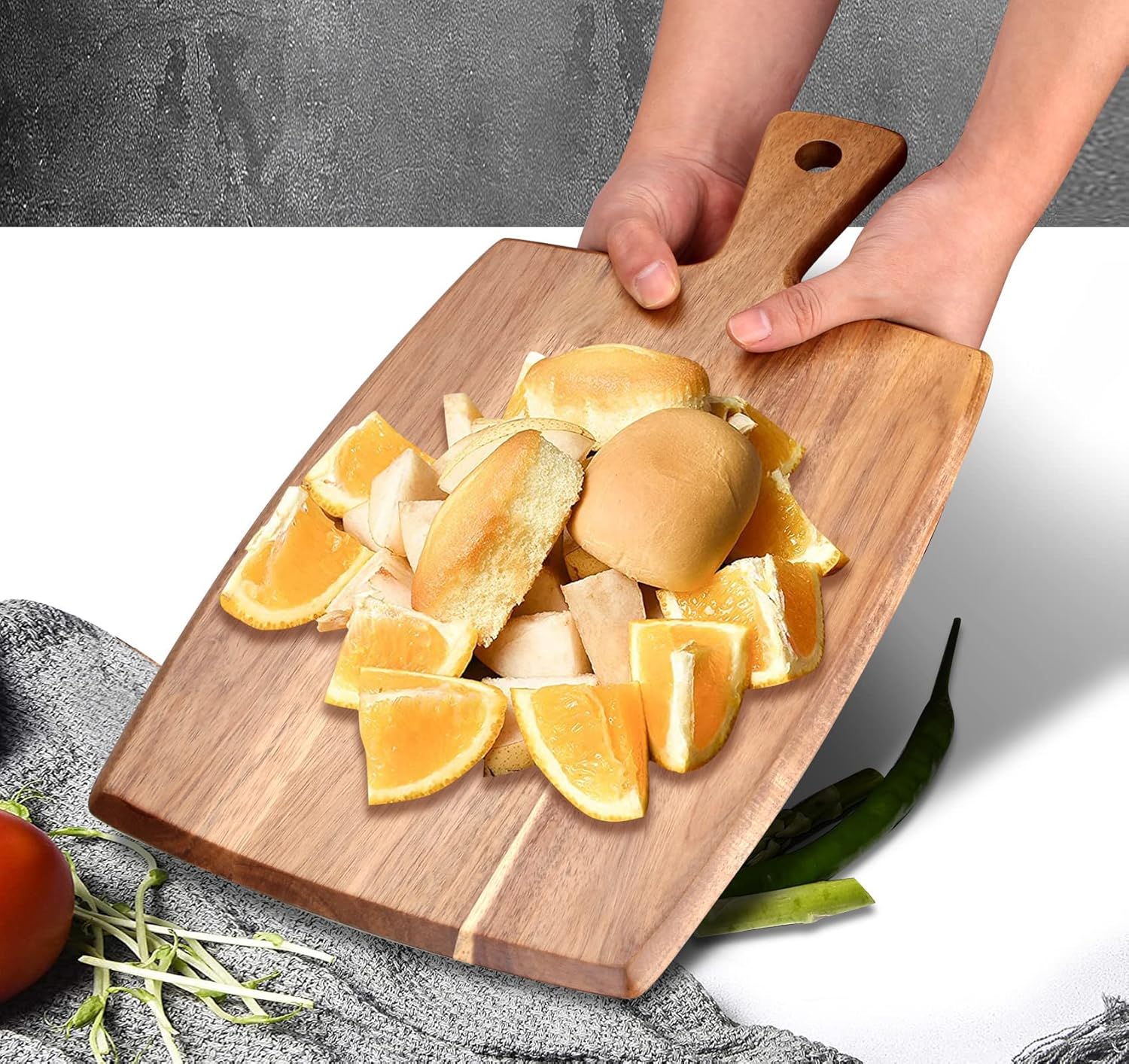 Best Acacia Wood Cutting Board with Handle Wooden Charcuterie Board Kitchen Chopping Boards for Bread Meat Cutting boards Fruit Cheese Serving Board Butcher Block Carving Board, 17" x 10" - Image 4