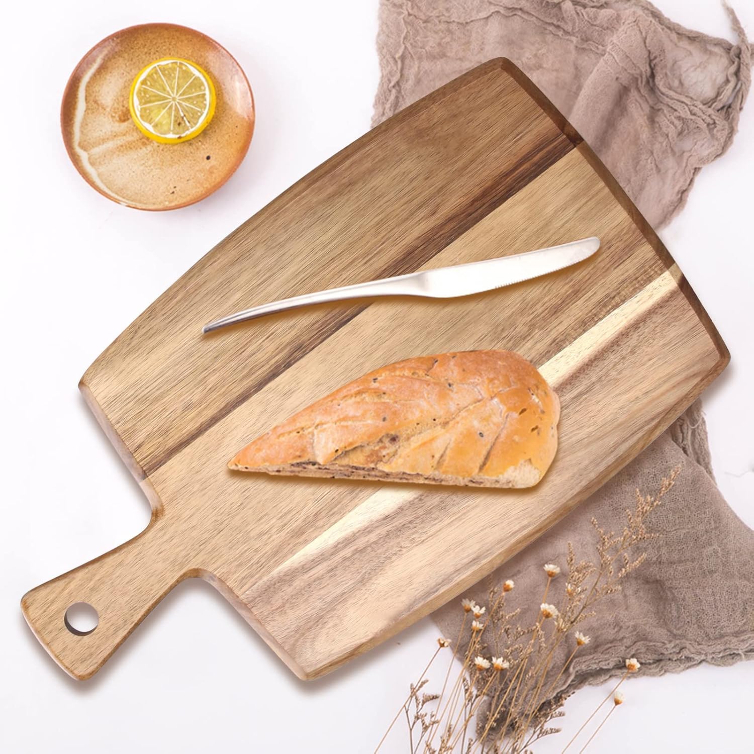 Best Acacia Wood Cutting Board with Handle Wooden Charcuterie Board Kitchen Chopping Boards for Bread Meat Cutting boards Fruit Cheese Serving Board Butcher Block Carving Board, 17" x 10" - Image 5