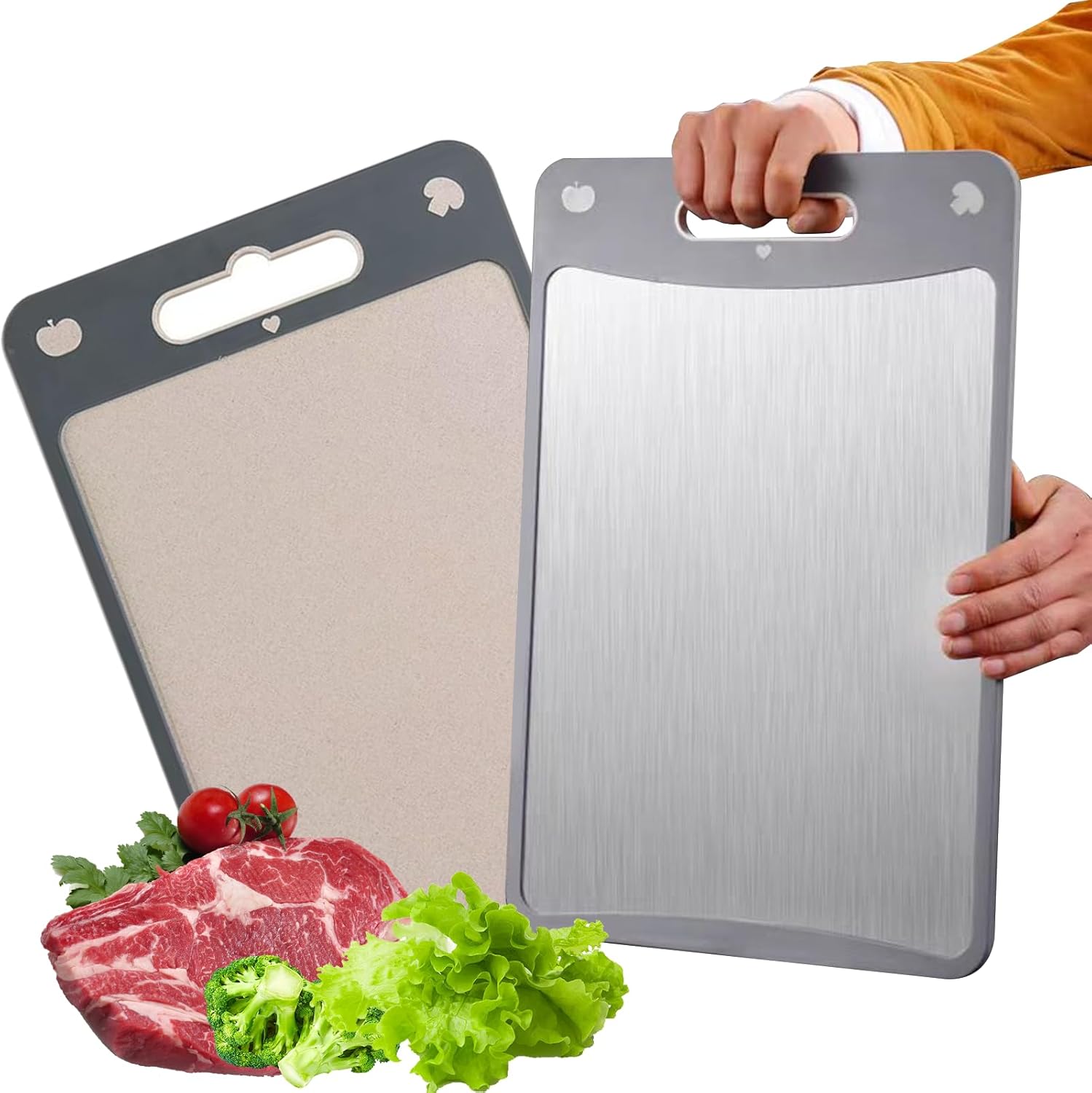 Cutting Board Double Sided, Meat Cutting Boards,304 Stainless Steel Cutting Board for Kitchen, Stainless Steel and Wheat Straw PP, Easy to Clean