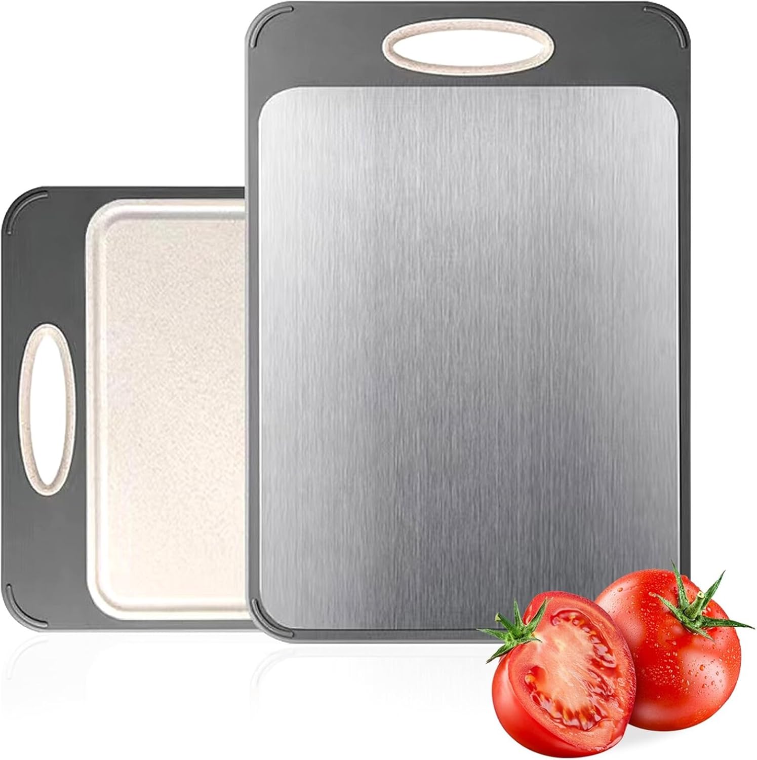 Cutting Board Double Sided,Large Stainless Steel Cutting Boards,Wheat Straw Cutting Boards for Kitchen,for Meat, Veggies, Fruits, with Easy Grip Handle,Dishwasher Safe (1, Large)