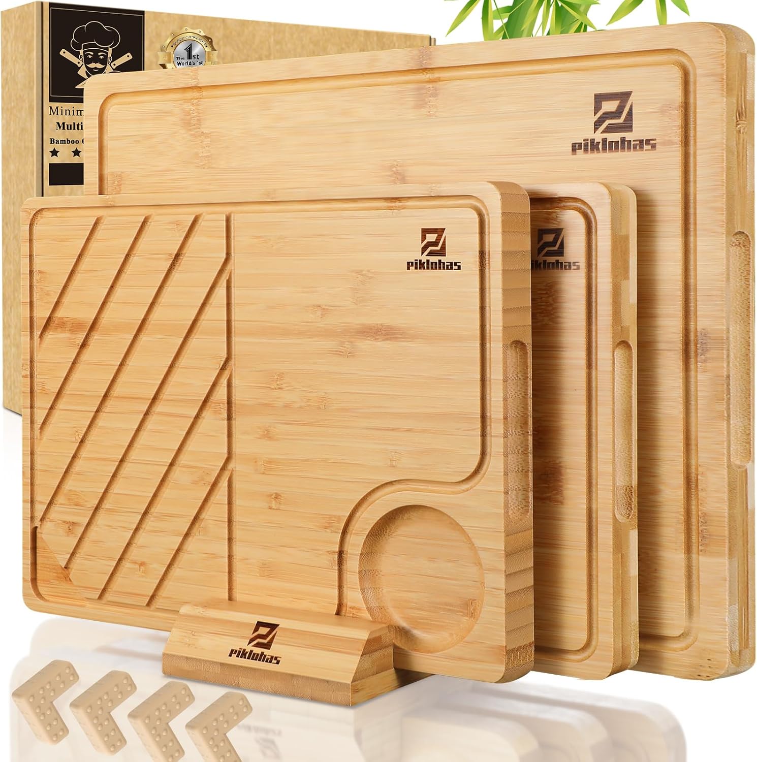 Cutting Boards Large Set of 7, Acacia Wood Charcuterie Chopping Board for Kitchen with Holder Non Slip Feet, Plastic Serving Board Mats, Juice Groove, Reversible Butcher Block for Meat Cheese Bread - Image 9