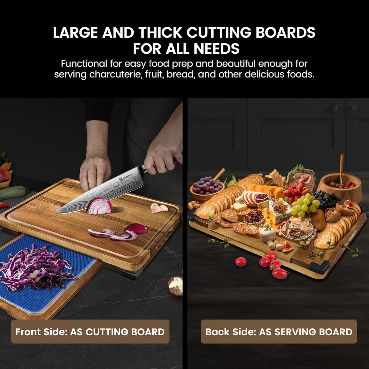Cutting Boards Large Set of 7, Acacia Wood Charcuterie Chopping Board for Kitchen with Holder Non Slip Feet, Plastic Serving Board Mats, Juice Groove, Reversible Butcher Block for Meat Cheese Bread - Image 2