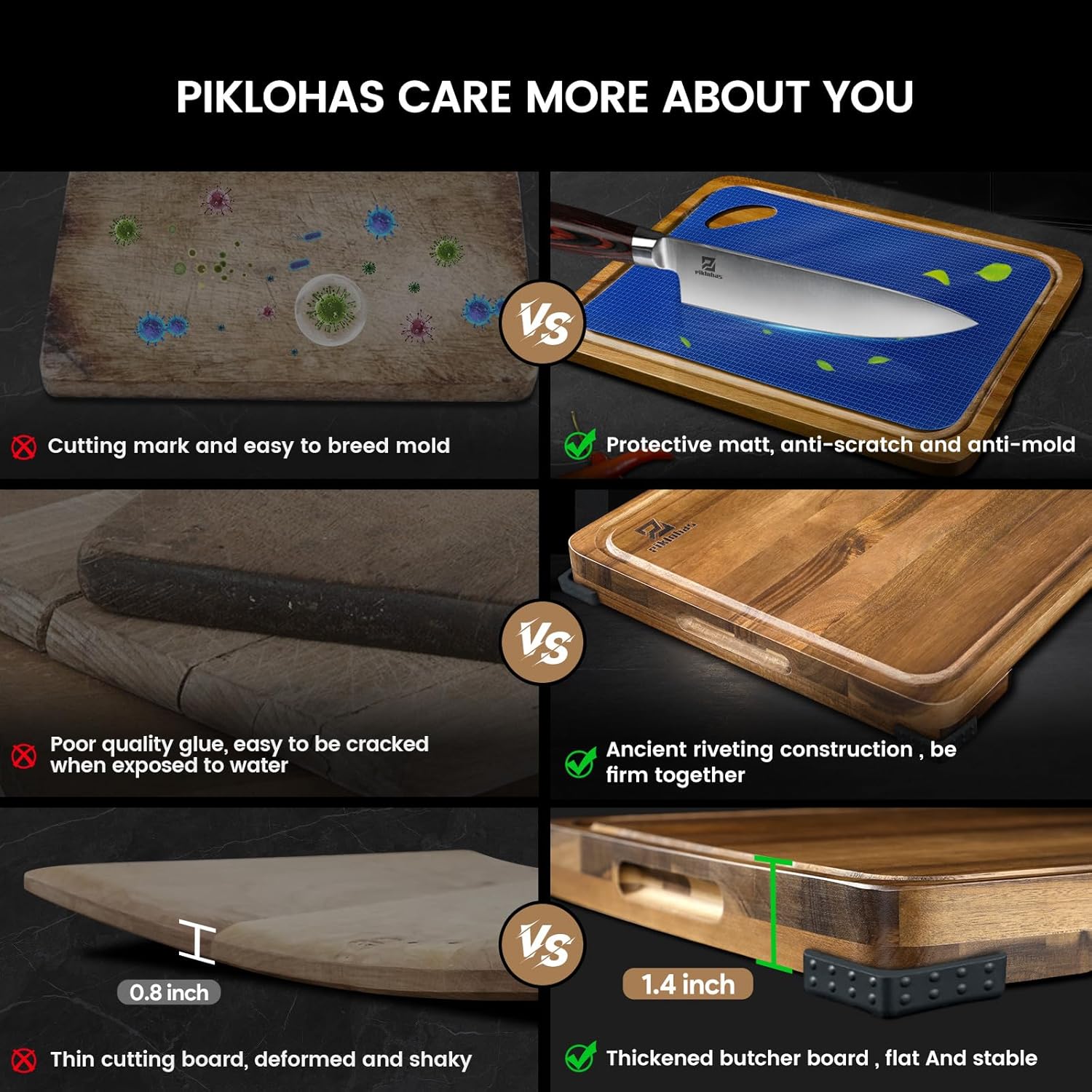 Cutting Boards Large Set of 7, Acacia Wood Charcuterie Chopping Board for Kitchen with Holder Non Slip Feet, Plastic Serving Board Mats, Juice Groove, Reversible Butcher Block for Meat Cheese Bread - Image 3