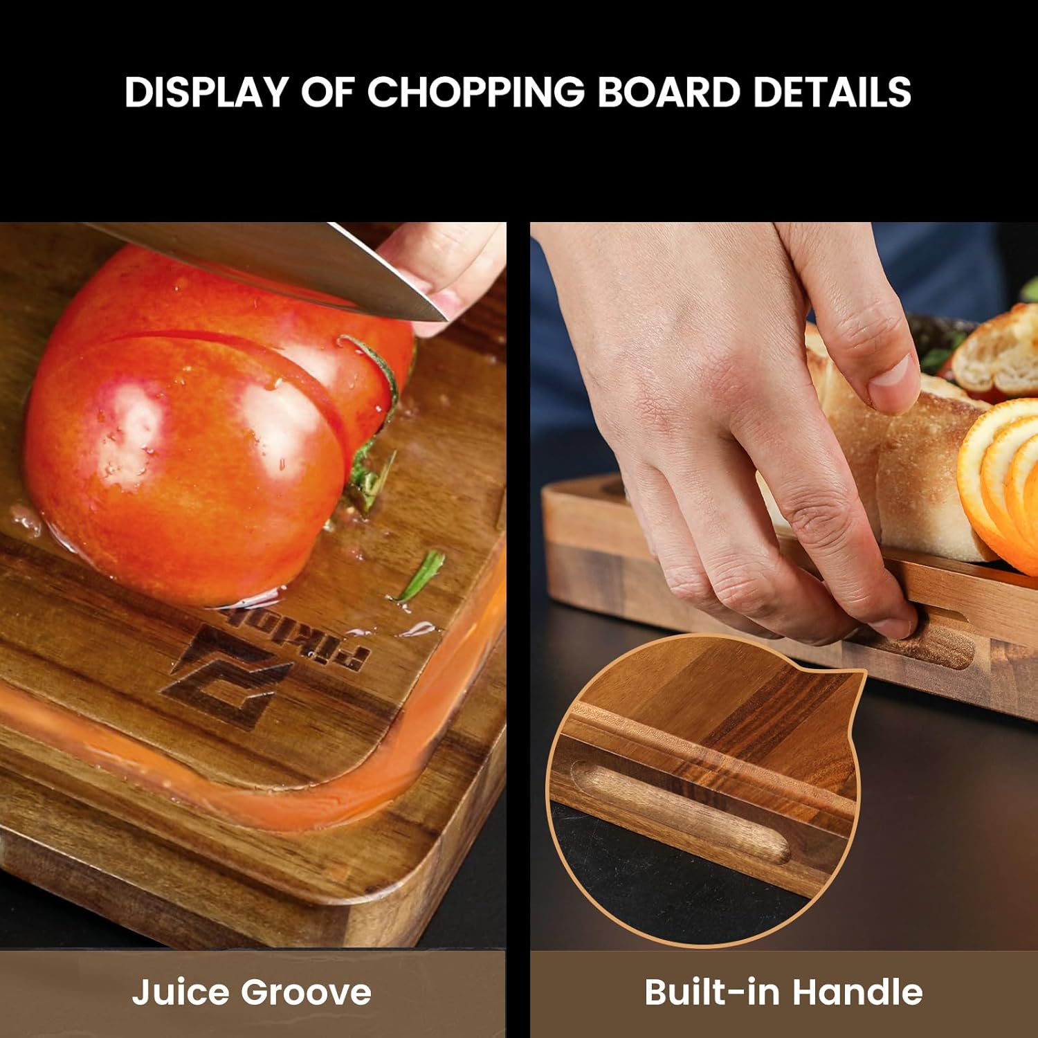 Cutting Boards Large Set of 7, Acacia Wood Charcuterie Chopping Board for Kitchen with Holder Non Slip Feet, Plastic Serving Board Mats, Juice Groove, Reversible Butcher Block for Meat Cheese Bread - Image 5