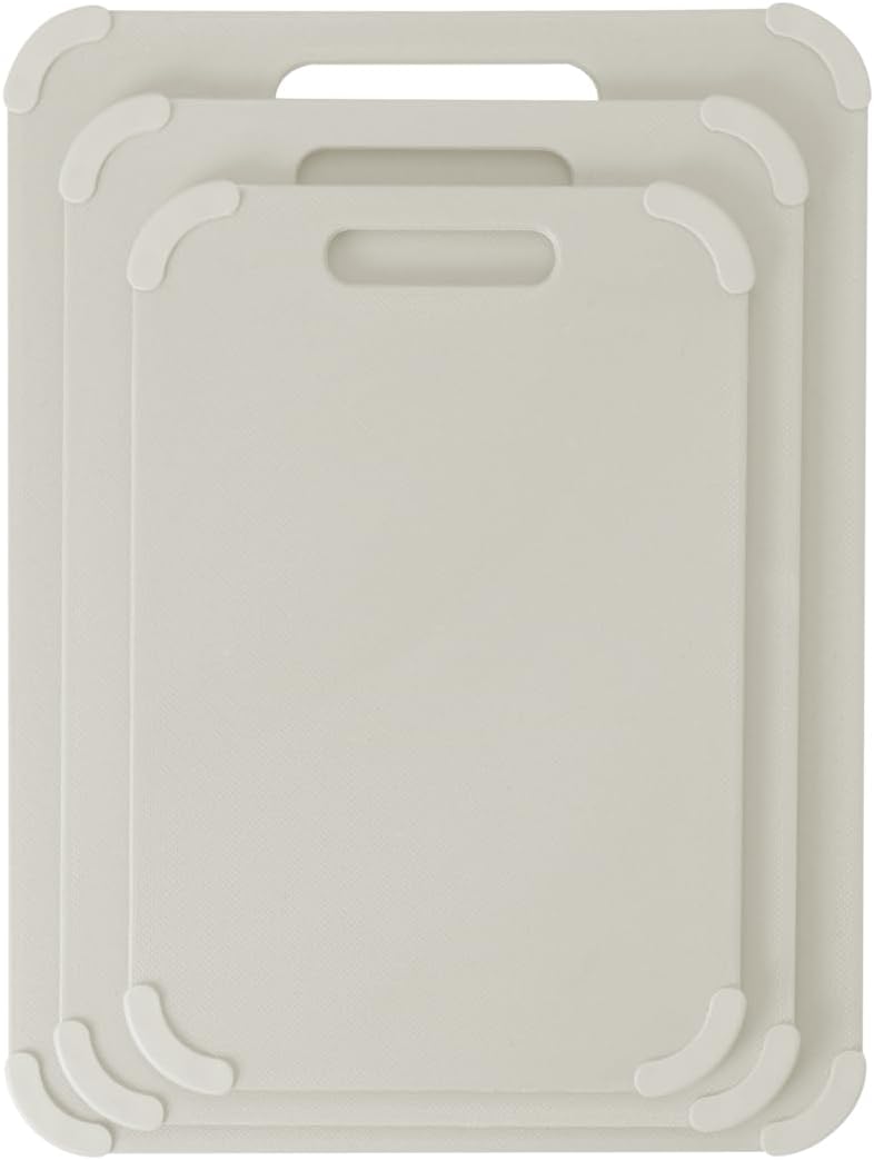 Dexas Fresh Prep 3-Pack Non-Slip Cutting Board Set \u2013 Dishwasher Safe Plastic Boards with Silicone Grip Corners & Handle, Cream (14.17" x 10.63", 12.6" x 9.06", 11.02" x 7.48")