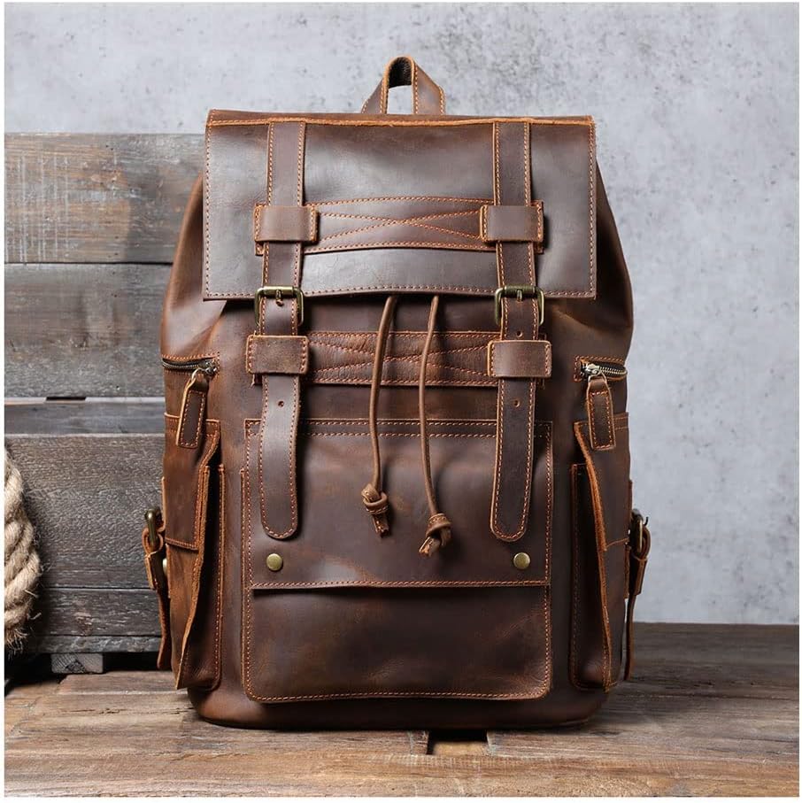 DUYHBAWRS Genuine Leather Men's Backpack Large Capacity Vintage aratroopers Package Crazy Horse Cowhide Travel Bags Retro(E)