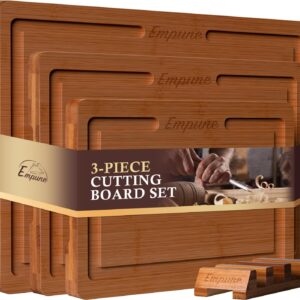 Empune Bamboo Cutting Board Set, Wood Cutting Boards for Kitchen with Holder Wooden Chopping Board for Meal Prep & Serving, Brown