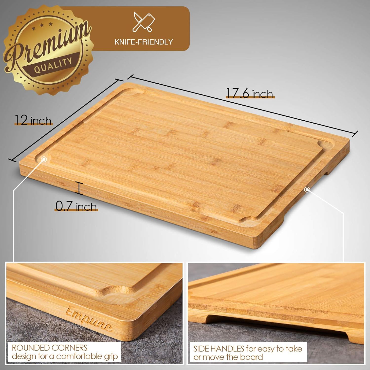 Extra Large Cutting Board, 17.6" Bamboo Cutting Boards for Kitchen with Juice Groove and Handles Kitchen Chopping Board for Meat Cheese board Heavy Duty Serving Tray, XL, Empune - Image 3