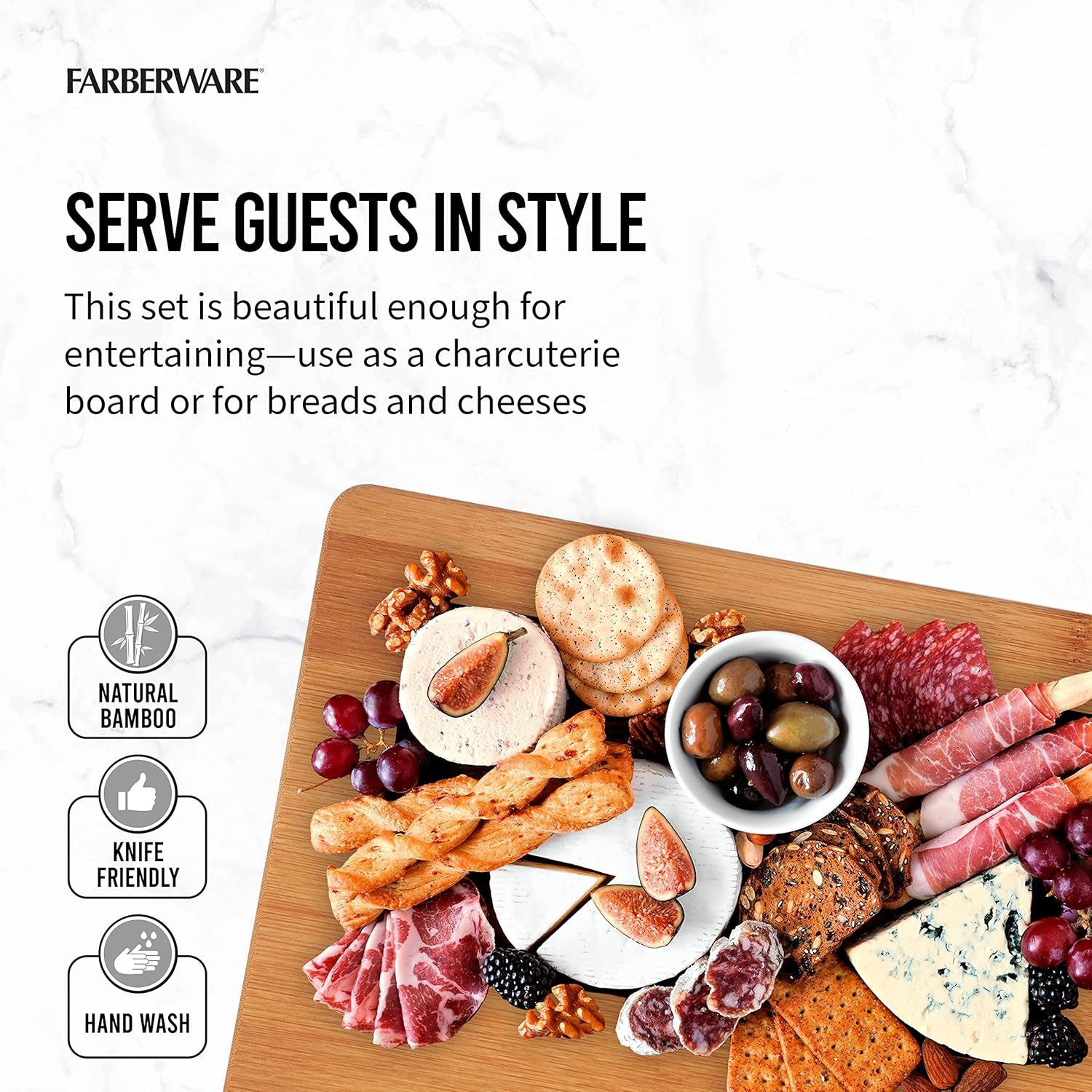 Farberware 3-Piece Wood Cutting Board Set, Reversible Chopping Boards for Meal Prep and Serving, Charcuterie Boards, Wooden Cutting Boards with Built-in Handles, Set of 3 Assorted Sizes, Bamboo - Image 5