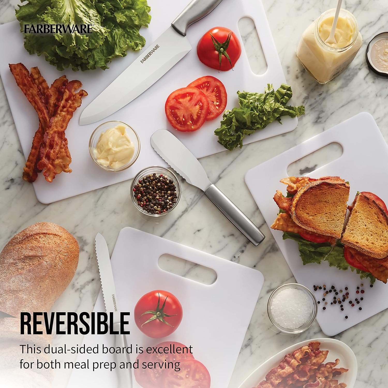 Farberware Large Cutting Board, Dishwasher- Safe Plastic Chopping Board for Kitchen with Easy Grip Handle, 11-inch by 14-inch, White - Image 2