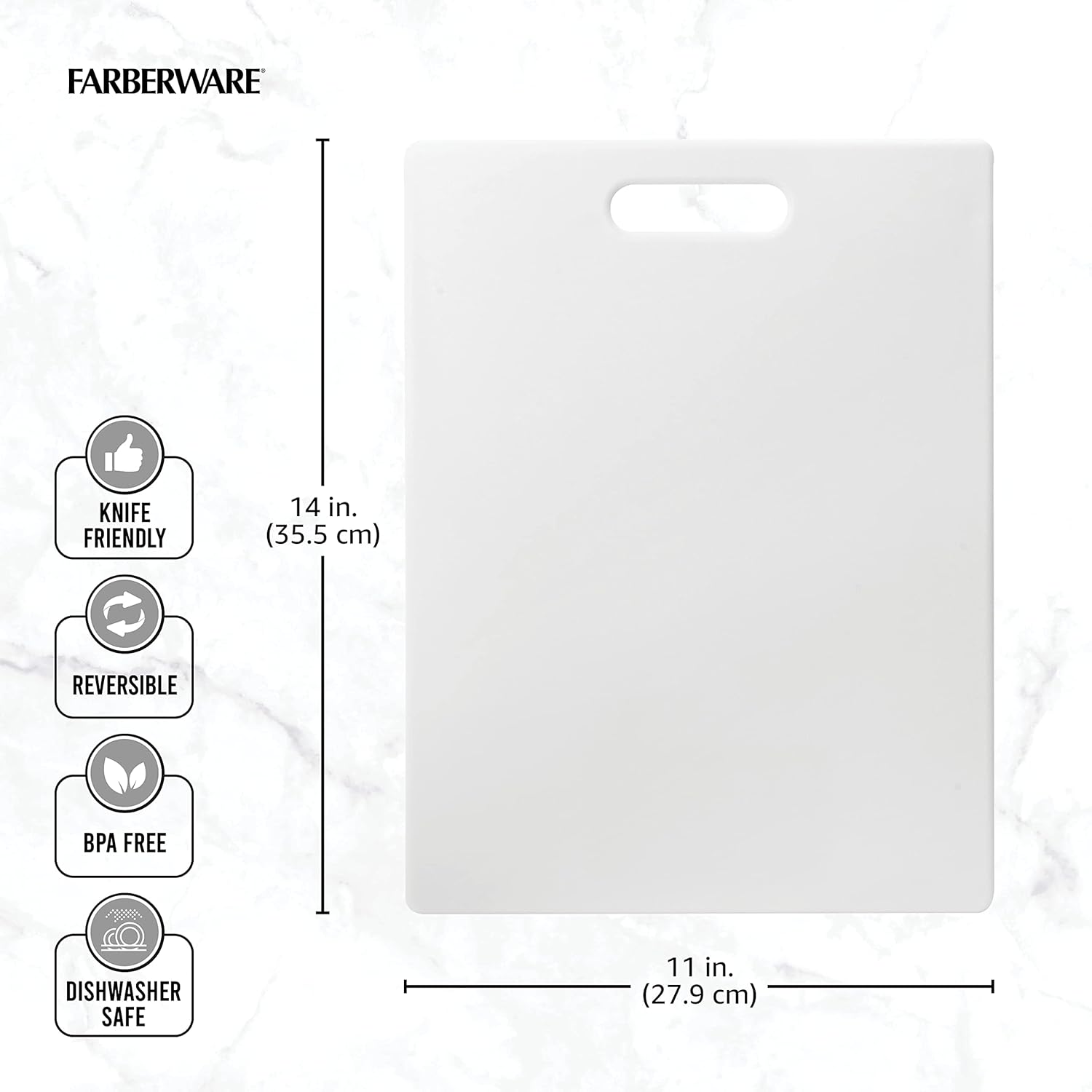 Farberware Large Cutting Board, Dishwasher- Safe Plastic Chopping Board for Kitchen with Easy Grip Handle, 11-inch by 14-inch, White - Image 3