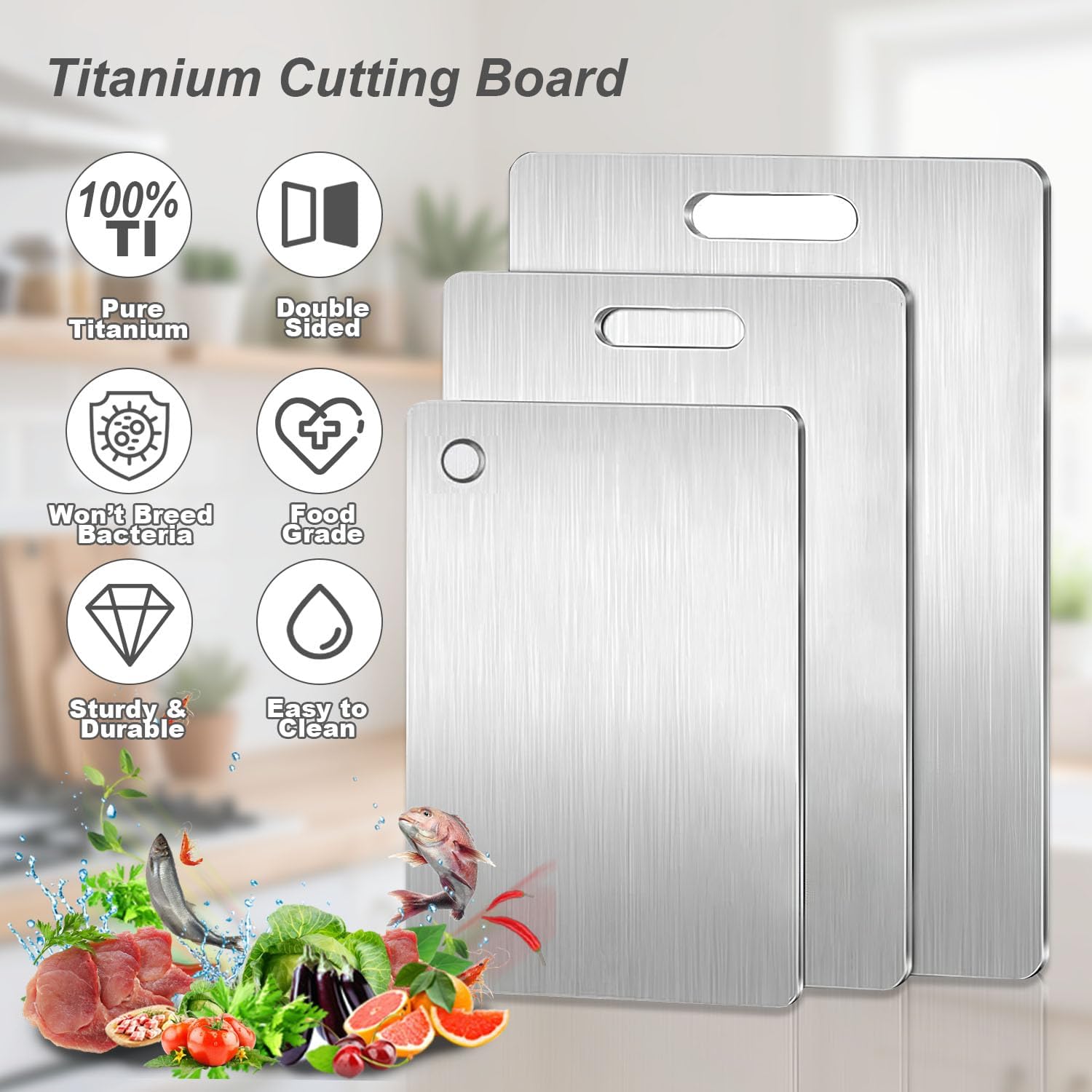 Generic Titanium Cutting Board Set of 3, Titanium Cutting Boards for Kitchen, Double Sided & Food-Grade Titanium Cutting Mat Set for Meat Fruit & Vegetable - Image 3