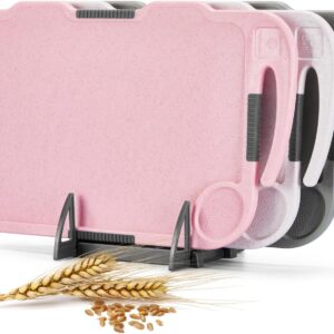 Glotoch Cutting Boards for Kitchen Set of 3, Wheat Straw Chopping Board Dishwasher Safe, BPA Free, Non Slip, 16"X10" Colored Reversible Cutting Board with Stand, Food Icons, Grinder Plate