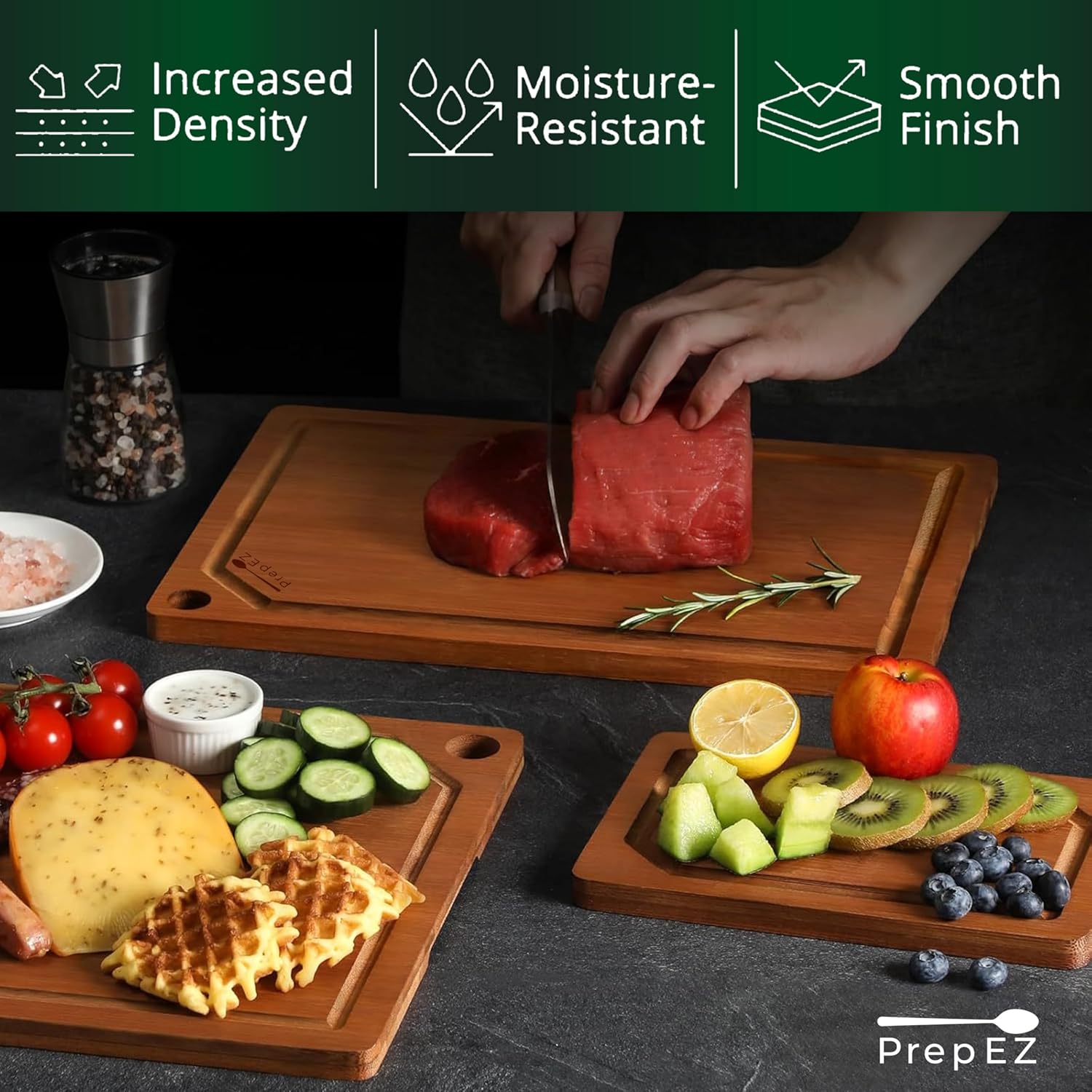 Heavy-Duty Cutting Boards for Kitchen – (Pack of 3) Wood Cutting Board Set – Bamboo Cutting Board Set with Deep Juice Grooves – Ideal for Chopping Meat, Vegetables & Fruits etc. - Image 2