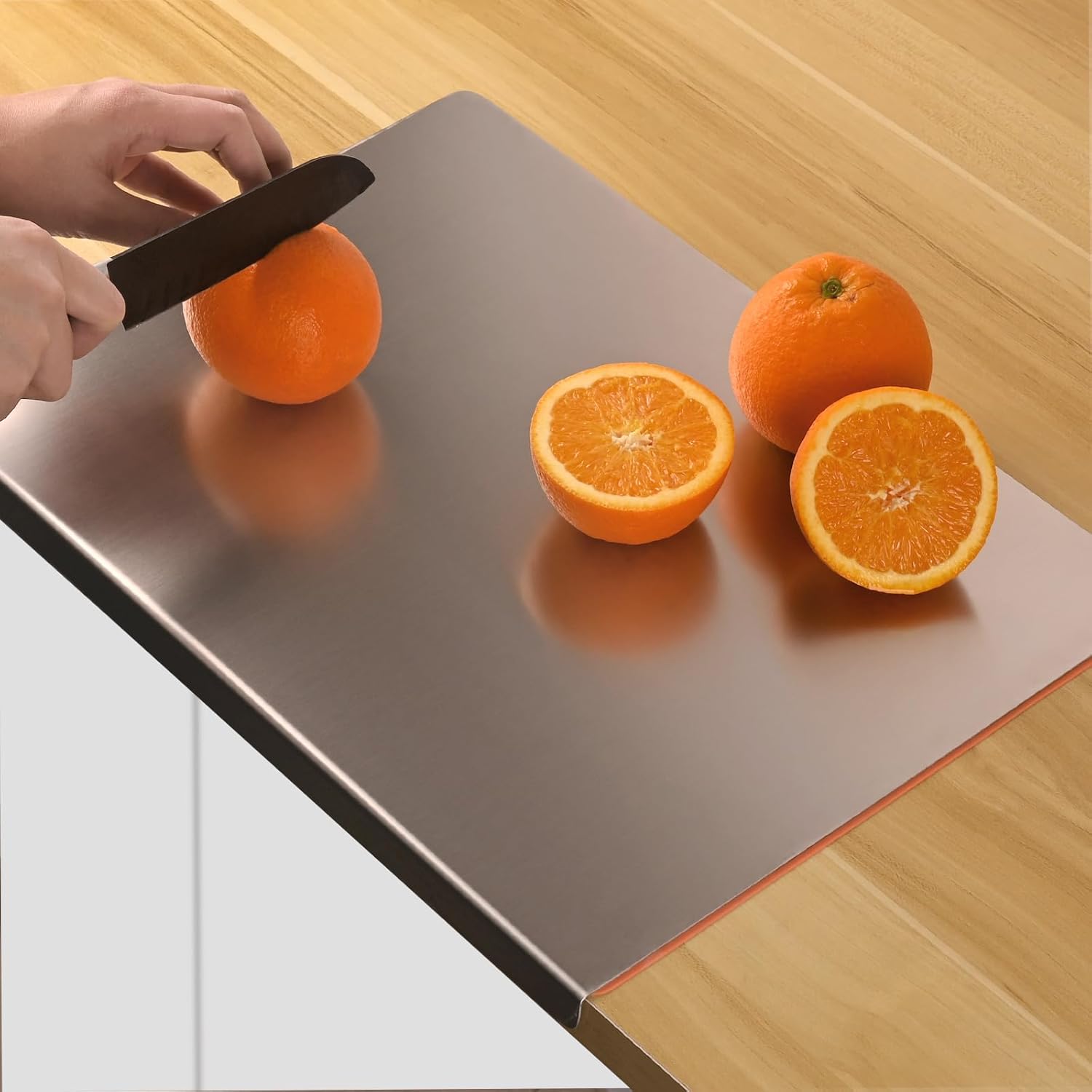 HUAKENER Large Stainless Steel Cutting Boards for Kitchen, Cutting Board with Counter Lip, Cutting Board with Silicone Mat for Meat, Fruits, Vegetables, Bread (15.7 x 11.8 Inch)