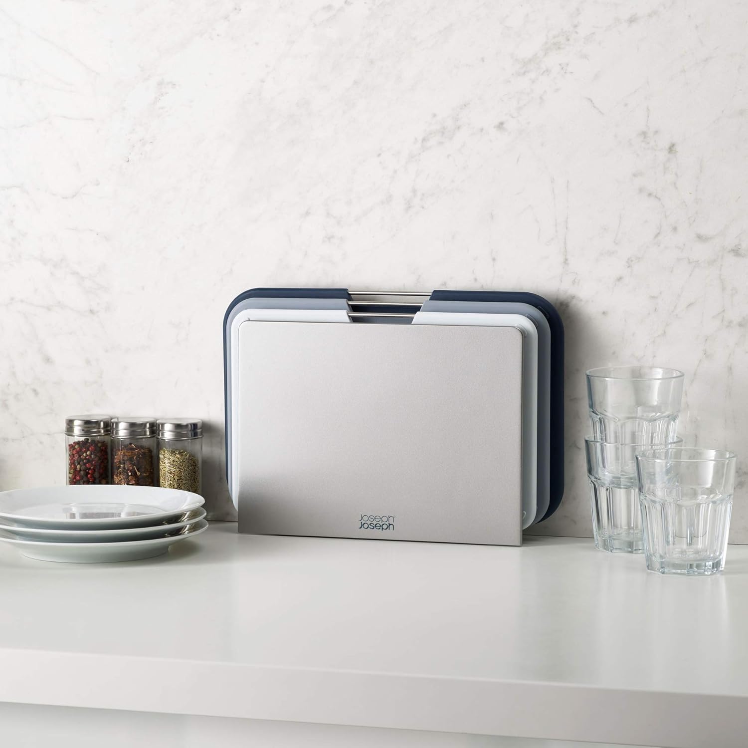 Joseph Joseph Nest 3 Piece Color Coded Cutting Board Set With Storage Stand, Regular - Grey\/Blue - Image 5