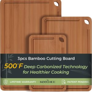 Keechee Bamboo Cutting Board, Durable Wood Cutting Boards for Kitchen with Deep Juice Grooves & Built-in Handles, Ideal Charcuterie & Chopping for Meat, Vegetables and Fruits Ideal Kitchen Gifts