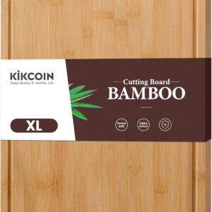 Kikcoin Bamboo Cutting Boards for Kitchen, Extra Large Wood Cutting Board with Rotating Kickstand & Juice Groove, Wooden Chopping Board for Meats Veges Fruits, Heavy Duty Serving Tray, 17 x 11.3 inch