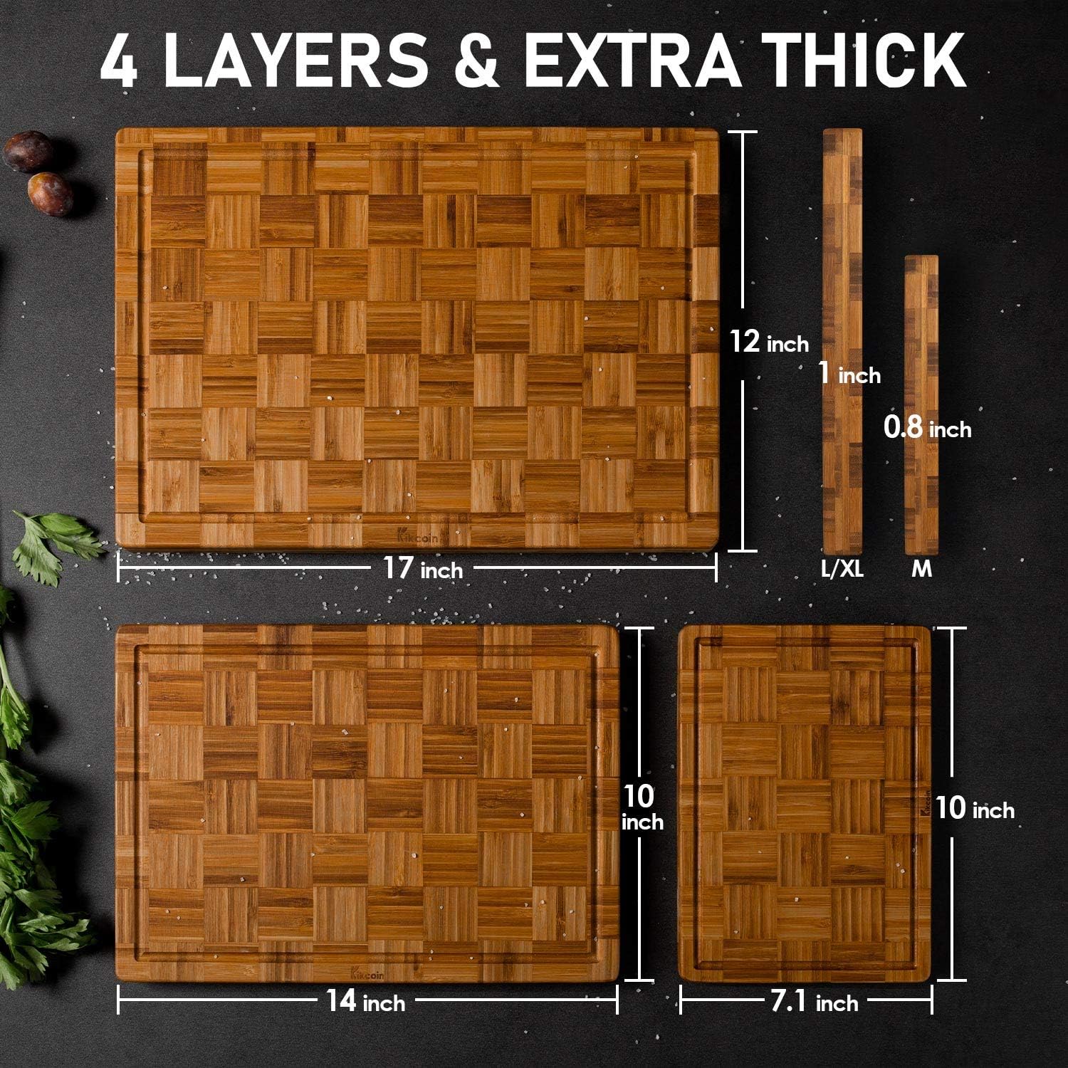 Kikcoin Extra Large Bamboo Cutting Boards, (Set of 3) Chopping Boards with Juice Groove Bamboo Wood Cutting Board Set Butcher Block for Kitchen, End Grain Serving Tray - Image 3