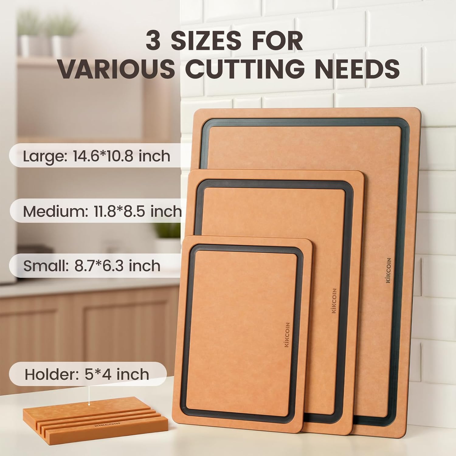 Kikcoin Wood Cutting Board Set of 3, Cutting Boards for Kitchen with Holder Dishwasher Safe Non-slip Chopping Board with Juice Groove, Wood Fiber Composite Cutting Boards - Image 2