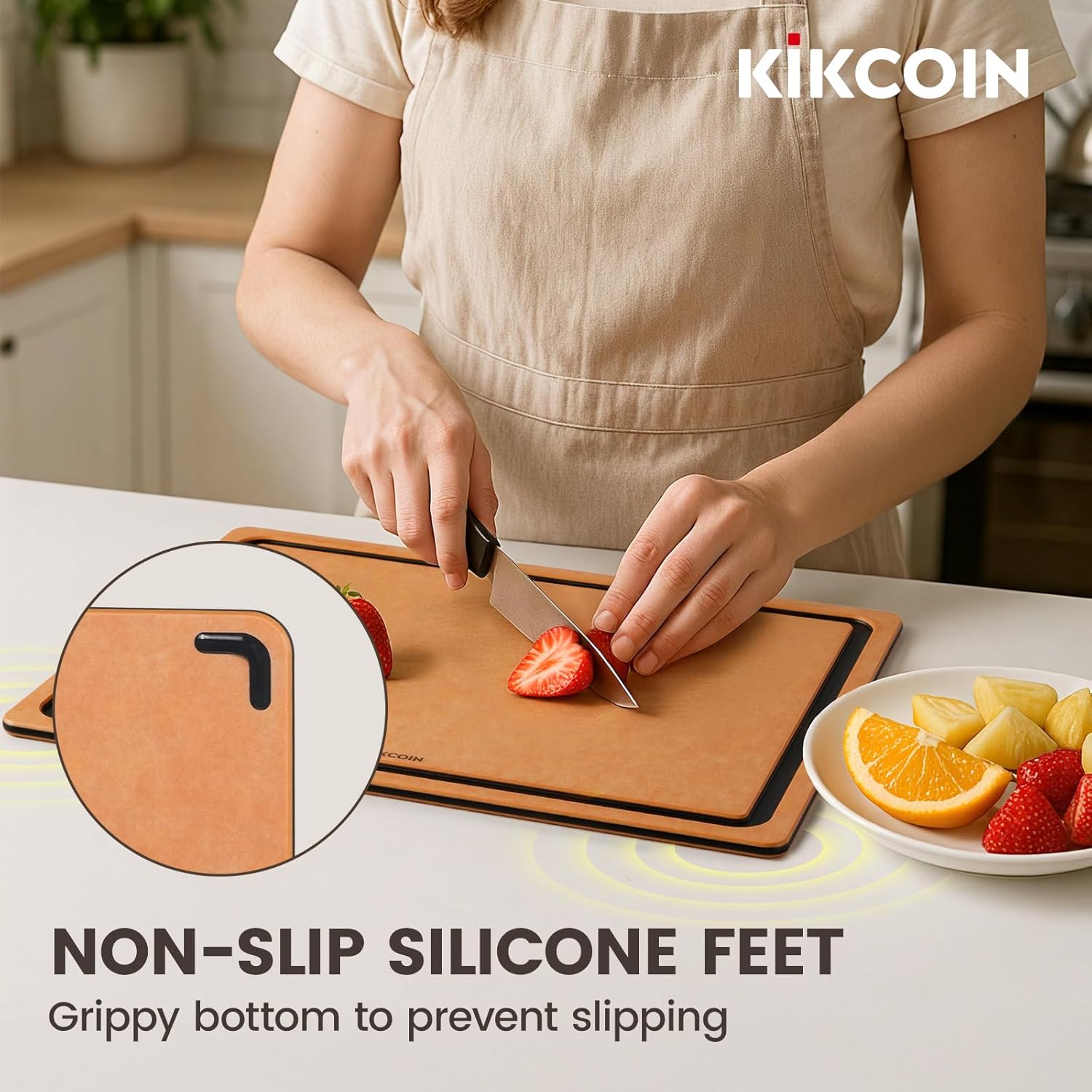 Kikcoin Wood Cutting Board Set of 3, Cutting Boards for Kitchen with Holder Dishwasher Safe Non-slip Chopping Board with Juice Groove, Wood Fiber Composite Cutting Boards - Image 3