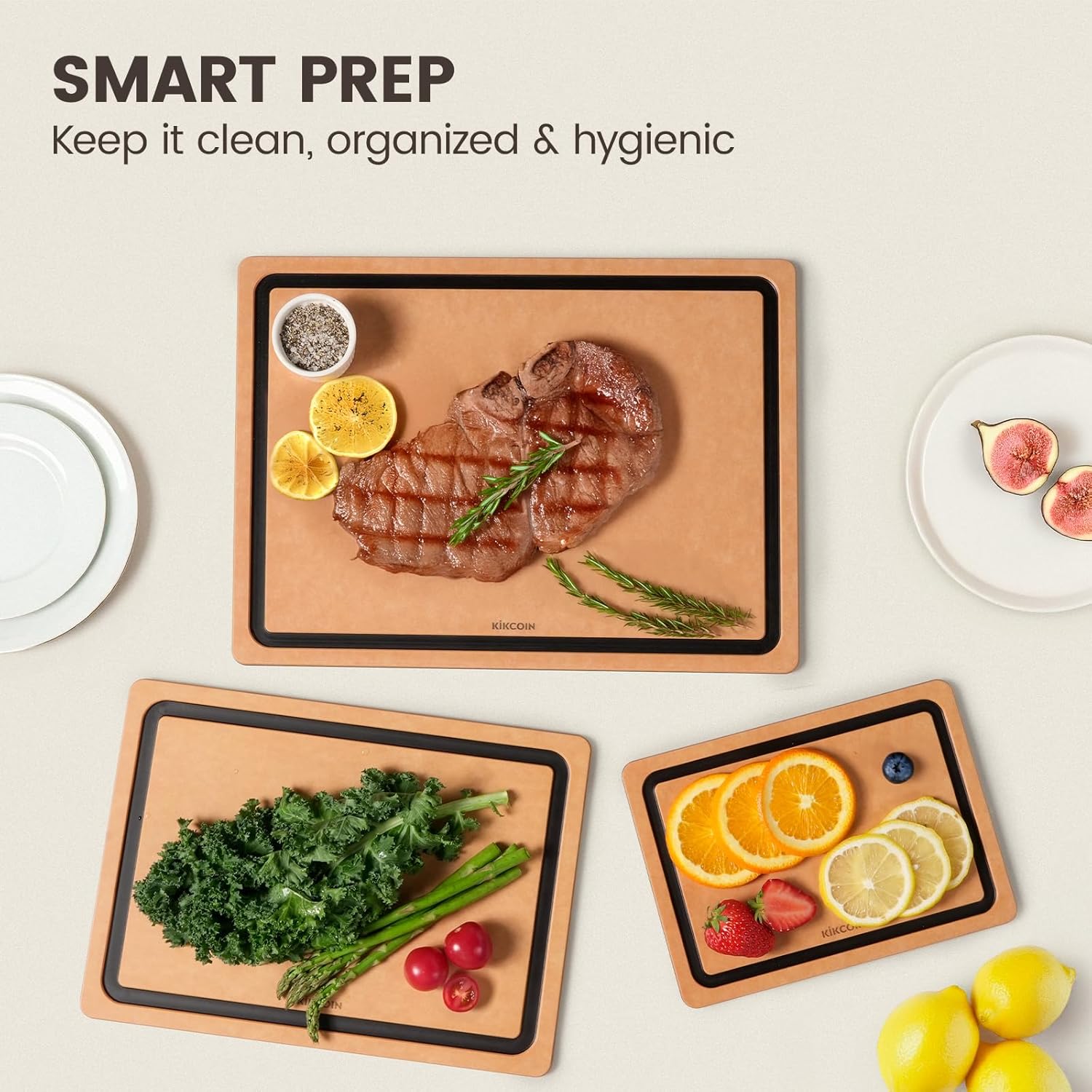 Kikcoin Wood Cutting Board Set of 3, Cutting Boards for Kitchen with Holder Dishwasher Safe Non-slip Chopping Board with Juice Groove, Wood Fiber Composite Cutting Boards - Image 5