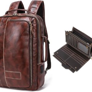 LANNSYNE Vegetable Tanned Leather Expandable Backpack for men & Grain Leather Travel Passport Long Wallet for Men/Women RFID Blocking