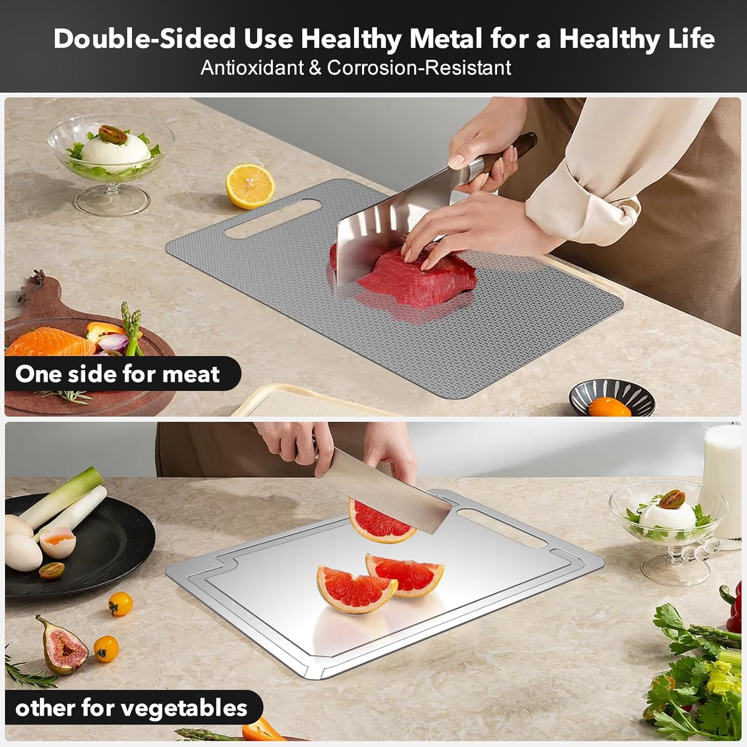 Laokiiy Titanium Cutting Board -100% Pure Titanium Cutting Boards For Kitche,Easy to clean, Double-sided food-grade Cutting Board camping For Meats, Fruits And Vegetables 12 * 8IN - Image 4