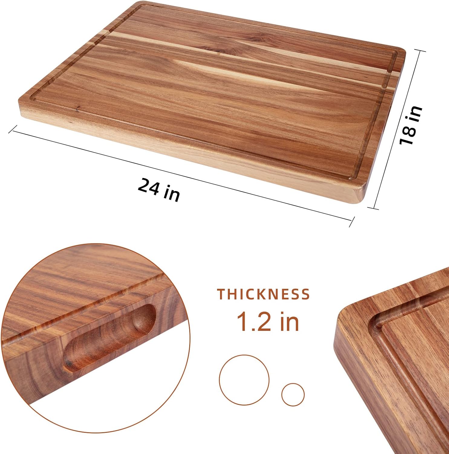 Large Acacia Wood Cutting Boards for Kitchen, 24 x 18 Inch Extra Large Wooden Cutting Board with Juice Groove, Reversible Butcher Block Cutting Board for Meat and Veggies - Image 3