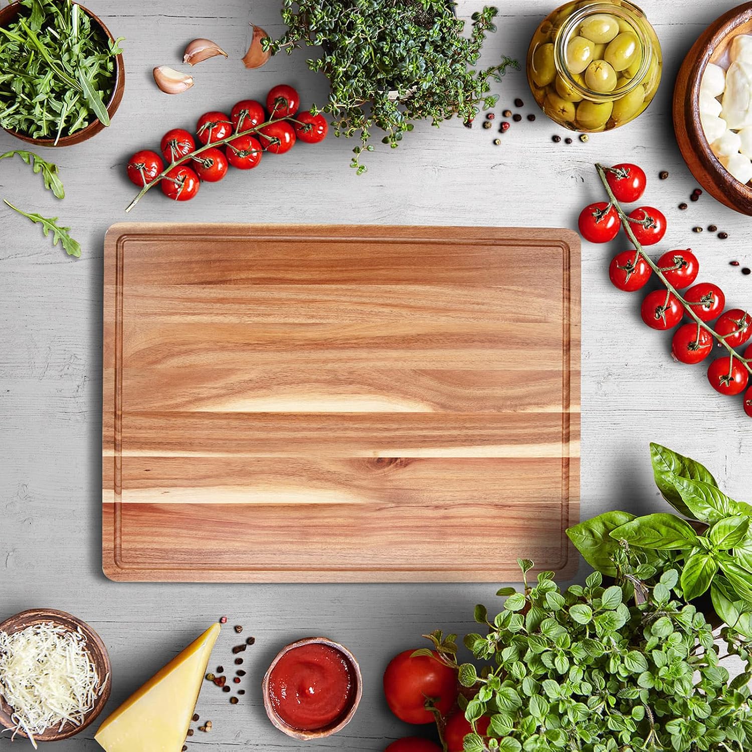 Large Acacia Wood Cutting Boards for Kitchen, 24 x 18 Inch Extra Large Wooden Cutting Board with Juice Groove, Reversible Butcher Block Cutting Board for Meat and Veggies - Image 8