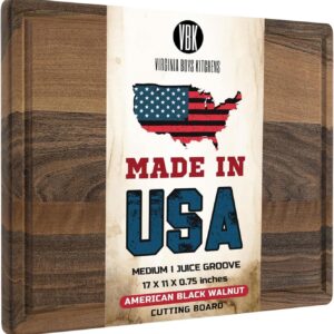Made in USA Black Walnut Wood Cutting Board by Virginia Boys Kitchens - Butcher Block Wooden Carving Board with Juice Well made from Sustainable Hardwood (17x11)