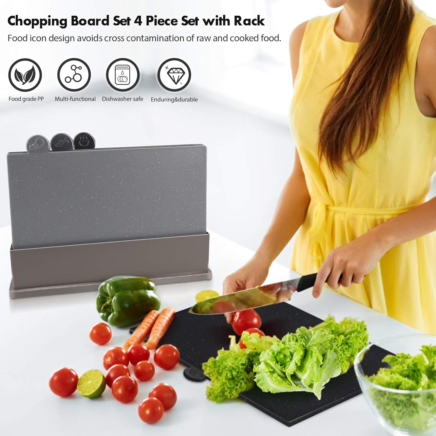 MASTERTOP Cutting Board Set for Kitchen - Index Plastic Chopping Board Set of 4, BPA Free, No Slip, Dishwasher Safe, Thicker Cutting Boards With Draining Rack Organizer - Image 4