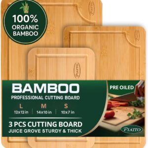 Piatto Organic Bamboo Cutting Board (3 Pcs) – No Glue On Food Surface, Lifetime Wood – Wooden Cutting Boards For Kitchen – Deep Juice Grooves & Side Handles, Charcuterie Boards For Meat