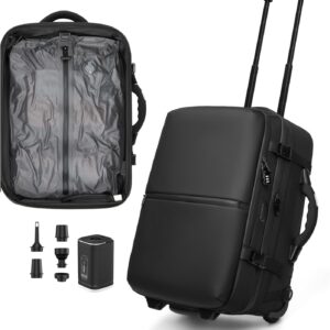 POIXM Rolling Vacuum Seal Backpack for Travel, with Hidden Pull Rod, Weight Handle, TSA Lock, Charging Port, fit 19" Laptop, Water Repellent, Carrry-on Luggage for Trip (Vacuum Pump Included)