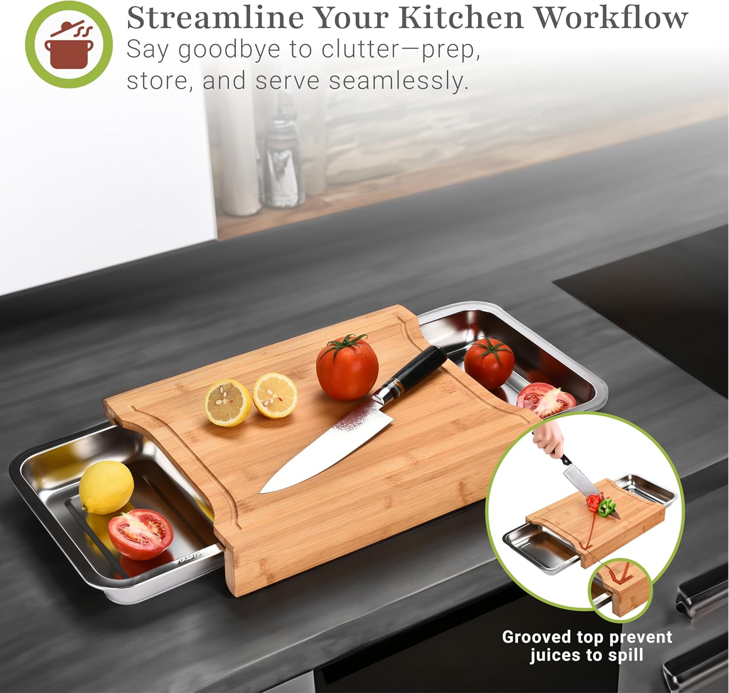 Prosumer's Choice Bamboo Cutting Board - Chopping Wood -Organic Bamboo Bamboo with Tray Stainless Steel Juice Catcher -15'' x 11'' 2'' inches 16''x12'' (PRCH-000120) - Image 4