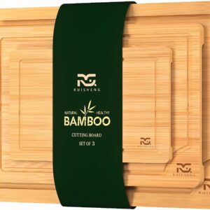 R RUISHENG Bamboo Cutting Boards for Kitchen Wooden Cutting Board with Juice Grooves Thick Chopping Board Set with Easy Grip Handle Large Serving Board for Raw Deli Fruits and Vegetables (3-Piece)