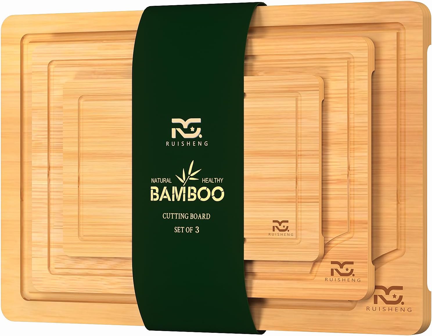 R RUISHENG Bamboo Cutting Boards for Kitchen Wooden Cutting Board with Juice Grooves Thick Chopping Board Set with Easy Grip Handle Large Serving Board for Raw Deli Fruits and Vegetables (3-Piece)