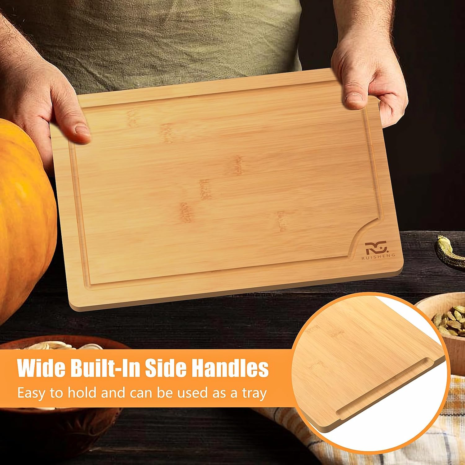 R RUISHENG Bamboo Cutting Boards for Kitchen Wooden Cutting Board with Juice Grooves Thick Chopping Board Set with Easy Grip Handle Large Serving Board for Raw Deli Fruits and Vegetables (3-Piece) - Image 6