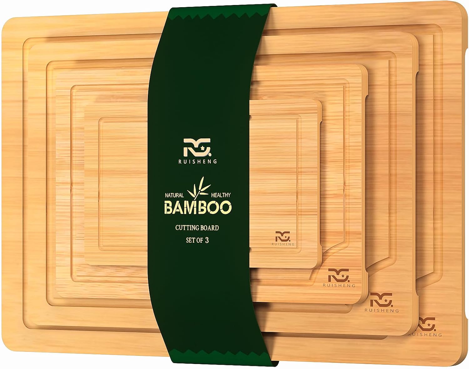 R RUISHENG Bamboo Cutting Boards for Kitchen Wooden Cutting Board with Juice Grooves Thick Chopping Board Set with Easy Grip Handle Large Serving Board for Raw Deli Fruits and Vegetables (3-Piece) - Image 8