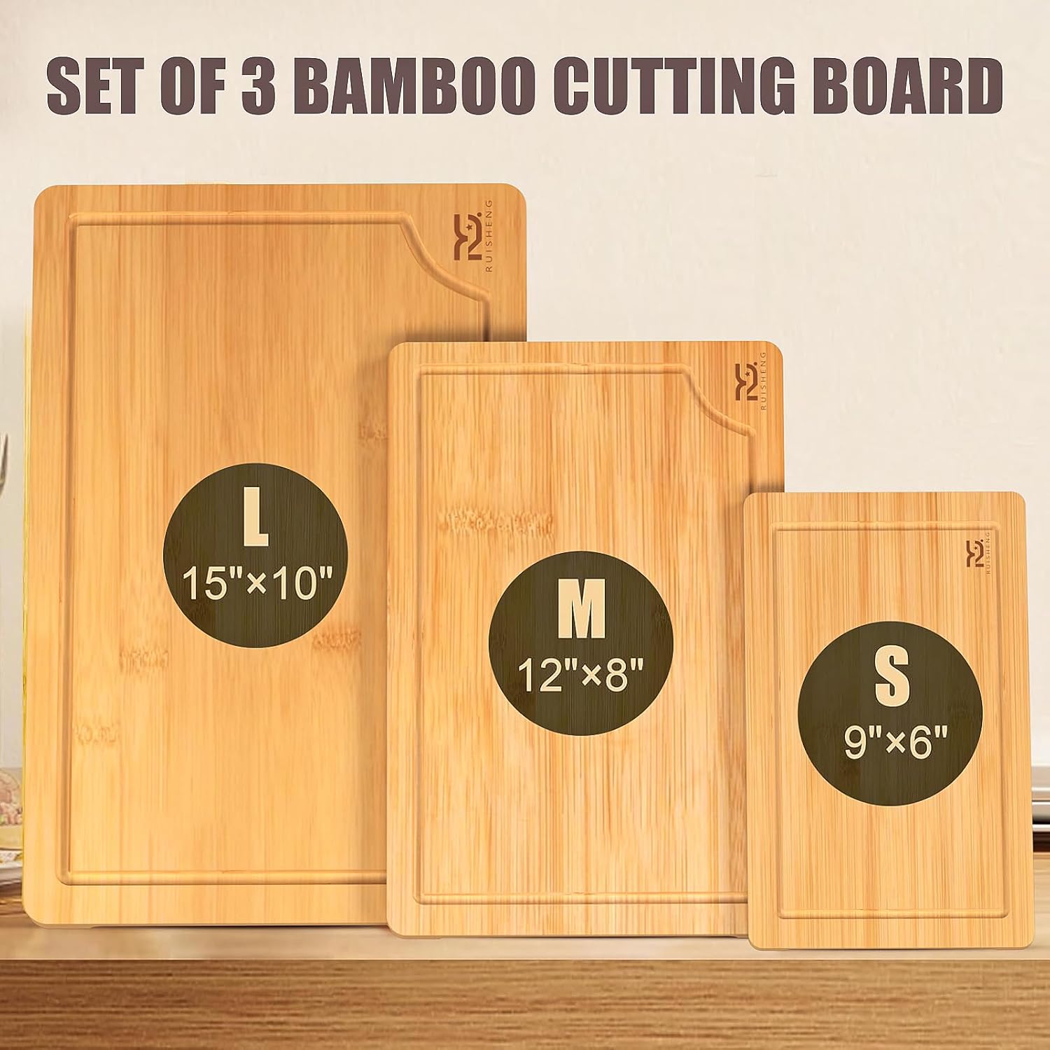R RUISHENG Bamboo Cutting Boards for Kitchen Wooden Cutting Board with Juice Grooves Thick Chopping Board Set with Easy Grip Handle Large Serving Board for Raw Deli Fruits and Vegetables (3-Piece) - Image 3