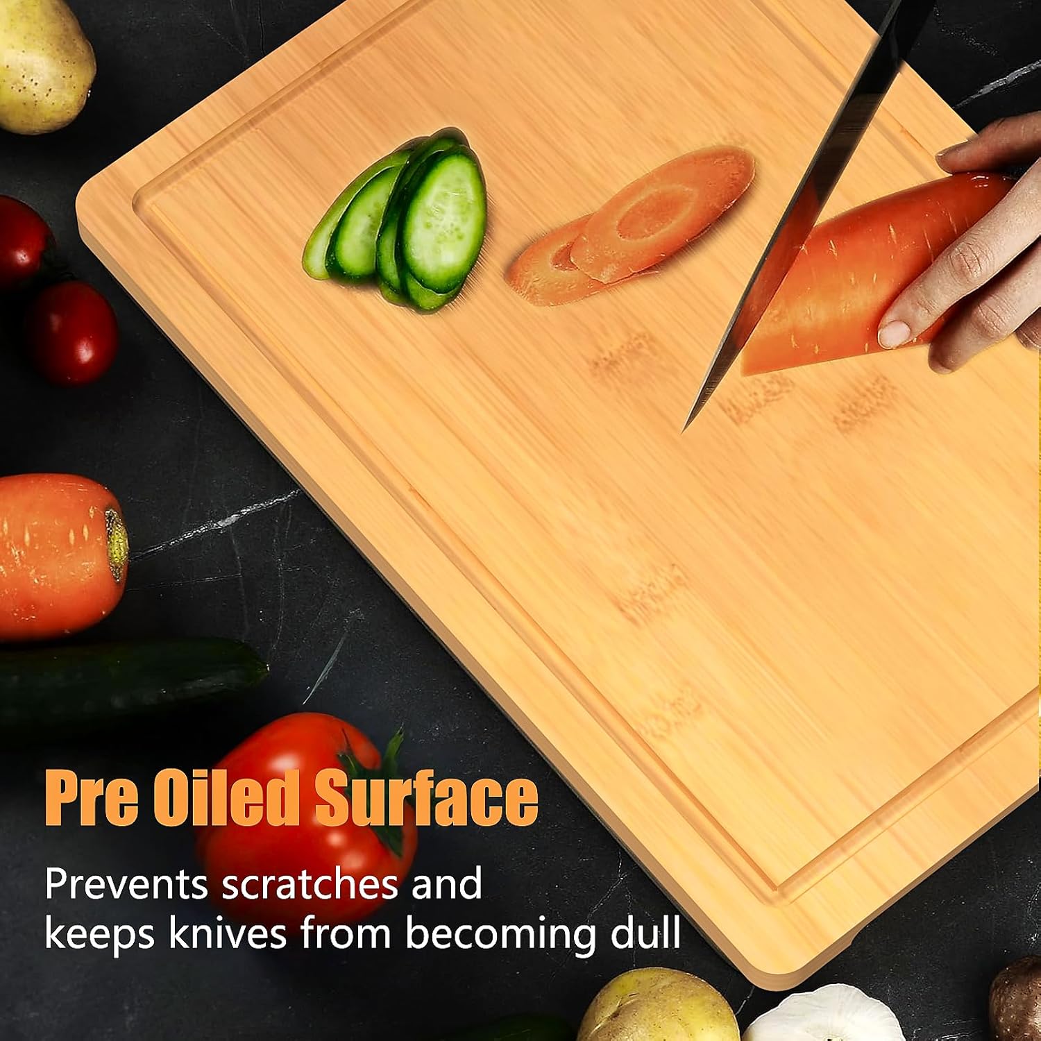 R RUISHENG Bamboo Cutting Boards for Kitchen Wooden Cutting Board with Juice Grooves Thick Chopping Board Set with Easy Grip Handle Large Serving Board for Raw Deli Fruits and Vegetables (3-Piece) - Image 4