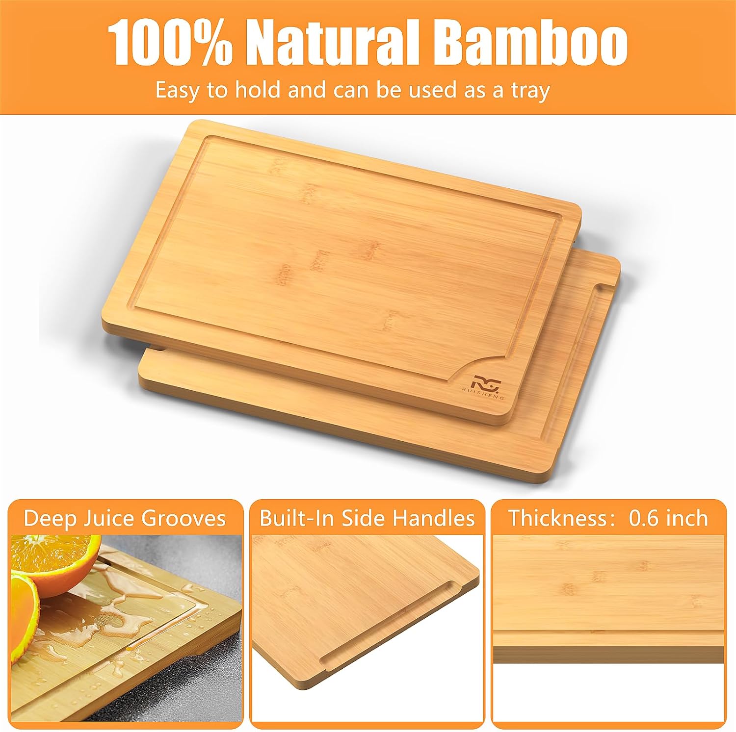 R RUISHENG Bamboo Cutting Boards for Kitchen Wooden Cutting Board with Juice Grooves Thick Chopping Board Set with Easy Grip Handle Large Serving Board for Raw Deli Fruits and Vegetables (3-Piece) - Image 7