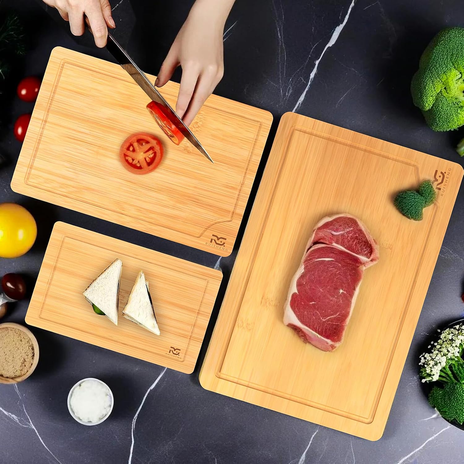 R RUISHENG Bamboo Cutting Boards for Kitchen Wooden Cutting Board with Juice Grooves Thick Chopping Board Set with Easy Grip Handle Large Serving Board for Raw Deli Fruits and Vegetables (3-Piece) - Image 2