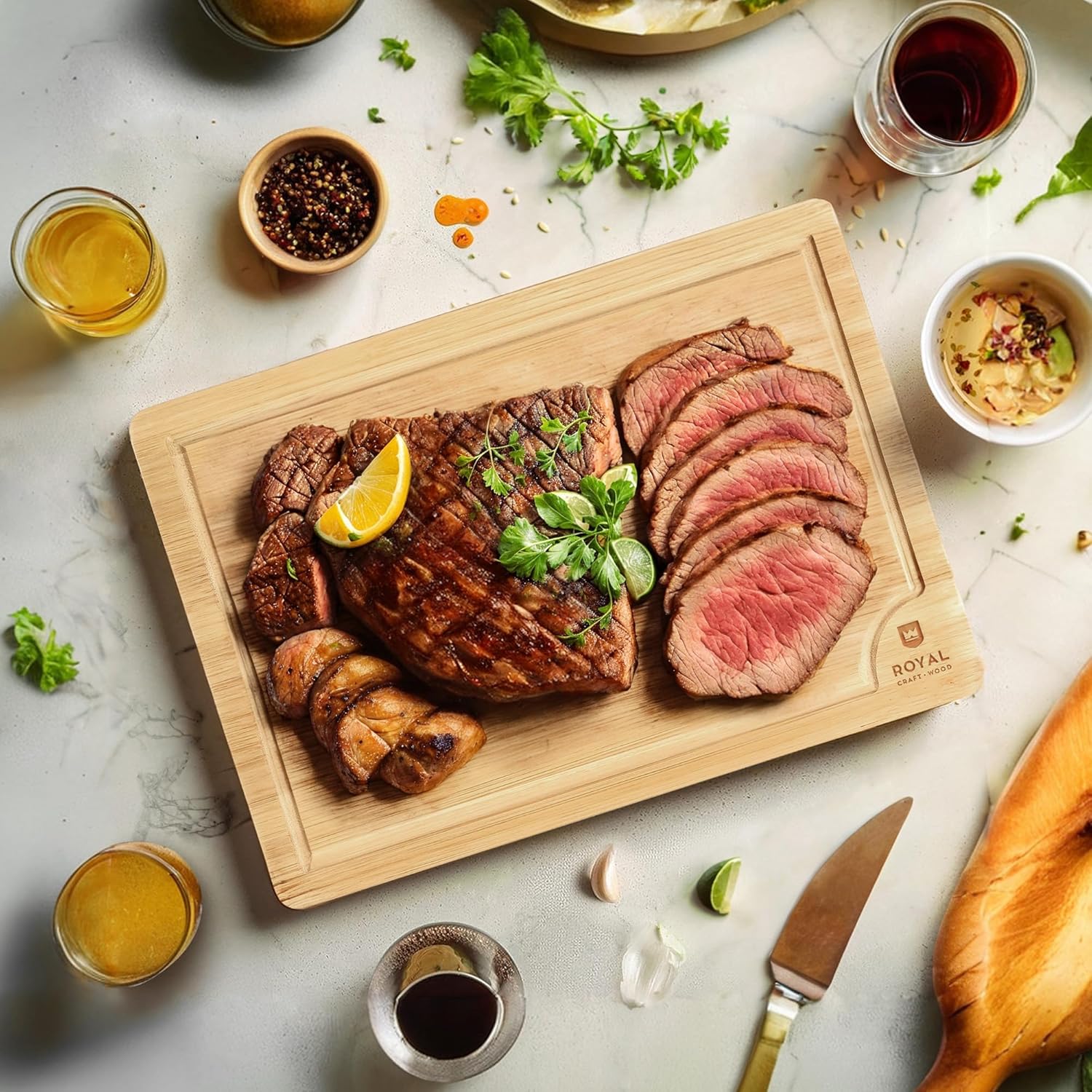 ROYAL CRAFT WOOD Bamboo Cutting Board with Juice Groove - Kitchen Chopping Board for Meat Cheese and Vegetables, Heavy Duty Serving Tray w\/Handles (Large,10 x 15") - Image 2