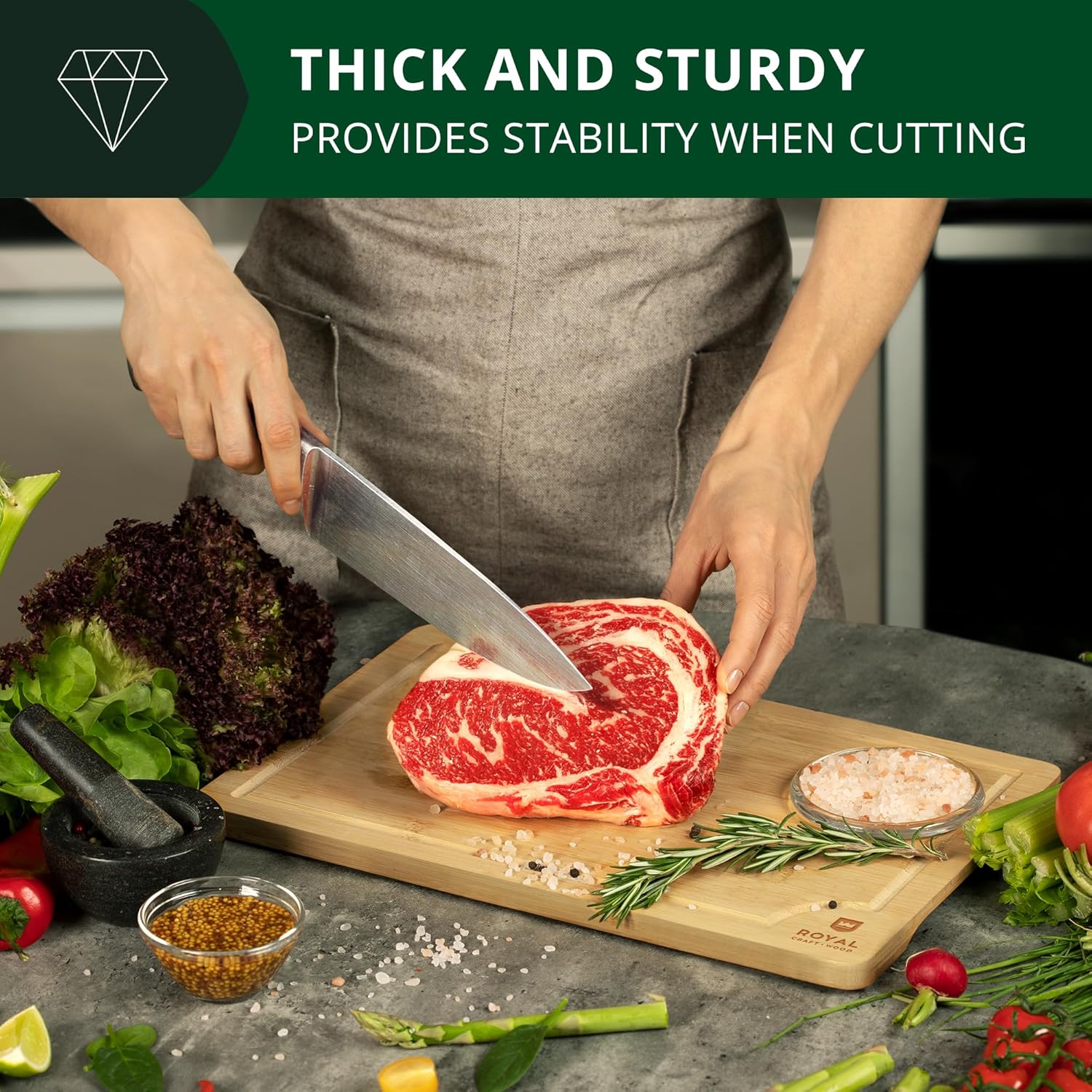 ROYAL CRAFT WOOD Bamboo Cutting Board with Juice Groove - Kitchen Chopping Board for Meat Cheese and Vegetables, Heavy Duty Serving Tray w\/Handles (Large,10 x 15") - Image 7