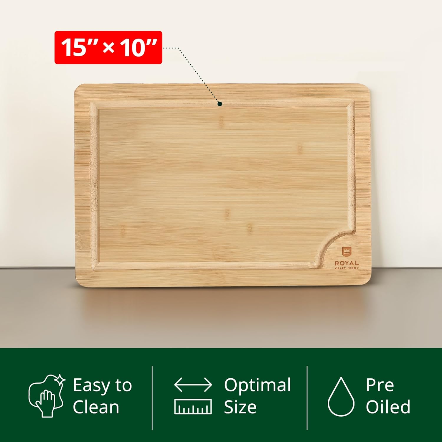 ROYAL CRAFT WOOD Bamboo Cutting Board with Juice Groove - Kitchen Chopping Board for Meat Cheese and Vegetables, Heavy Duty Serving Tray w\/Handles (Large,10 x 15") - Image 4